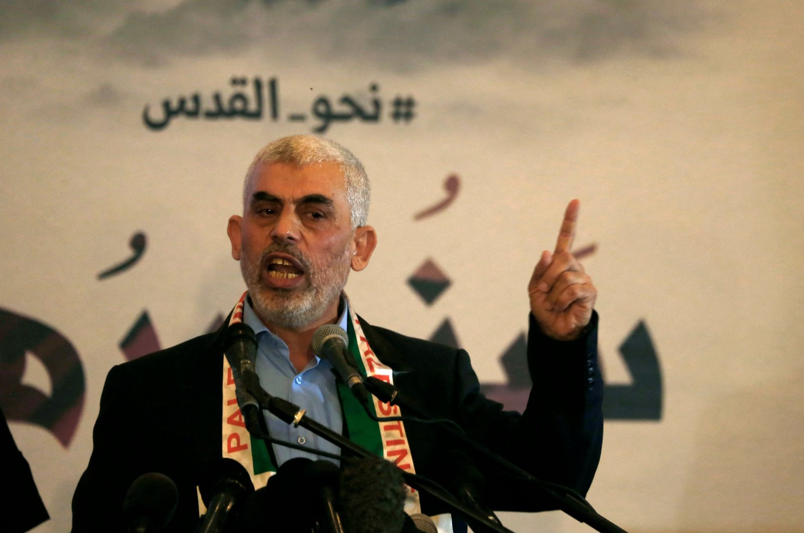 Hamas&#039; leader in the Gaza Strip Yahya Sinwar speaks during a press conference for Quds (Jerusalem) day, Gaza City, Palestine, May 30, 2019. (AFP Photo)