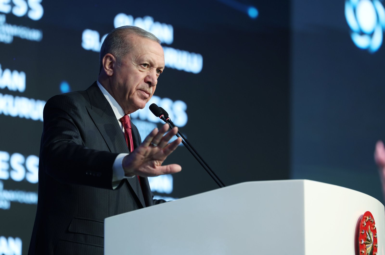 President Recep Tayyip Erdoğan speaks at the 51st General Assembly of the Turkish Employers&#039; Association of Metal Industries (MESS), Istanbul, Türkiye, Oct. 18, 2024. (AA Photo)