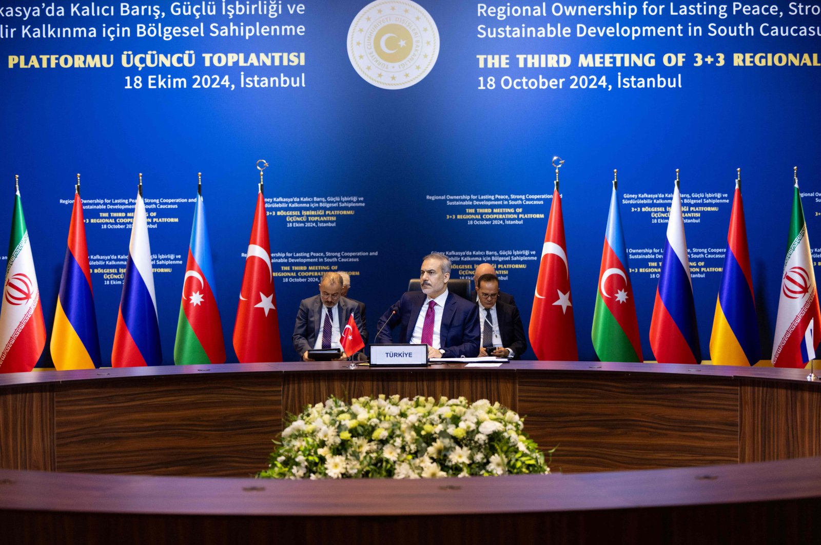 Foreign Minister Hakan Fidan (Center) attends the 3 3 South Caucasus Regional Cooperation Platform with foreign ministers of Iran, Azerbaijan, Russia and Armenia in Istanbul. (Photo by Foreign Ministery Press Service via AFP) 