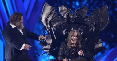 Jack Black (L) and Ozzy Osbourne are on stage during the 39th Annual Rock &amp; Roll Hall of Fame Induction Ceremony, at Rocket Mortgage FieldHouse in Cleveland, U.S., Oct. 19, 2024. (AP Photo)