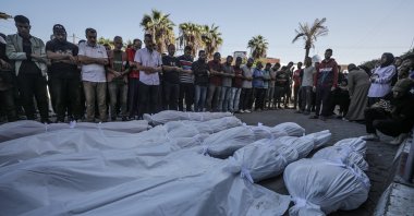 Palestinian relatives of the Shnaa family mourn during a funeral near Al-Aqsa Martyrs Hospital, Deir al-Balah, central Gaza Strip, Palestine, Oct. 19, 2024. (EPA Photo)
