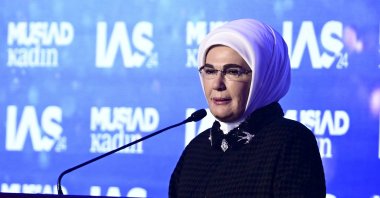 First lady Emine Erdoğan gives a speech at the Women’s Summit held by MÜSİAD, Istanbul, Türkiye, Oct. 19, 2024. (AA Photo)