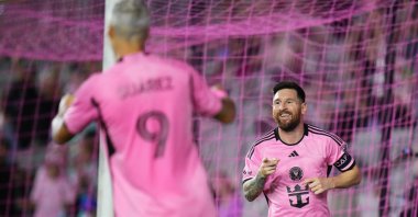 Inter Miami forward Lionel Messi (R) celebrates scoring a goal against New England Revolution, Fort Lauderdale, Florida, U.S., Oct 19, 2024. (Reuters Photo)