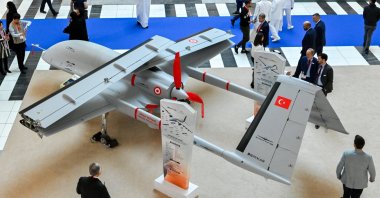 A Bayraktar TB3 UCAV is exhibited at the UMEX 2024 International Unmanned Systems Exhibition and Conference, Abu Dhabi, UAE, Jan. 23, 2024. (AA Photo)