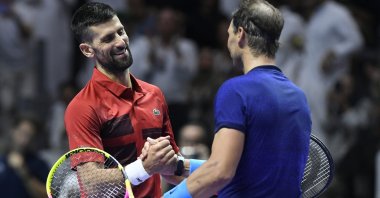Novak Djokovic (L) reacts with Rafel Nadal after their third-place match at the Six Kings Slam exhibition tennis tournament in Riyadh, Saudi Arabia, Oct. 19, 2024. (EPA Photo)