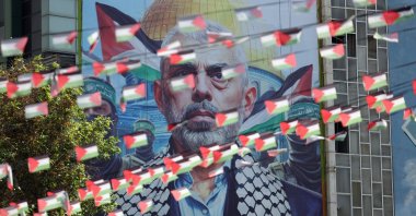 A billboard of Hamas' slain leader Yahya Sinwar is displayed at the Palestine square in Tehran, Iran, Oct. 19, 2024. (EPA Photo)