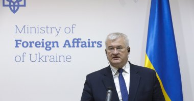 Ukrainian Foreign Minister Andrii Sybiha addresses a joint news conference with French Minister for Europe and Foreign Affairs Jean-Noel Barrot (not pictured) after their meeting in Kyiv, Ukraine, Oct. 19, 2024. (EPA Photo)