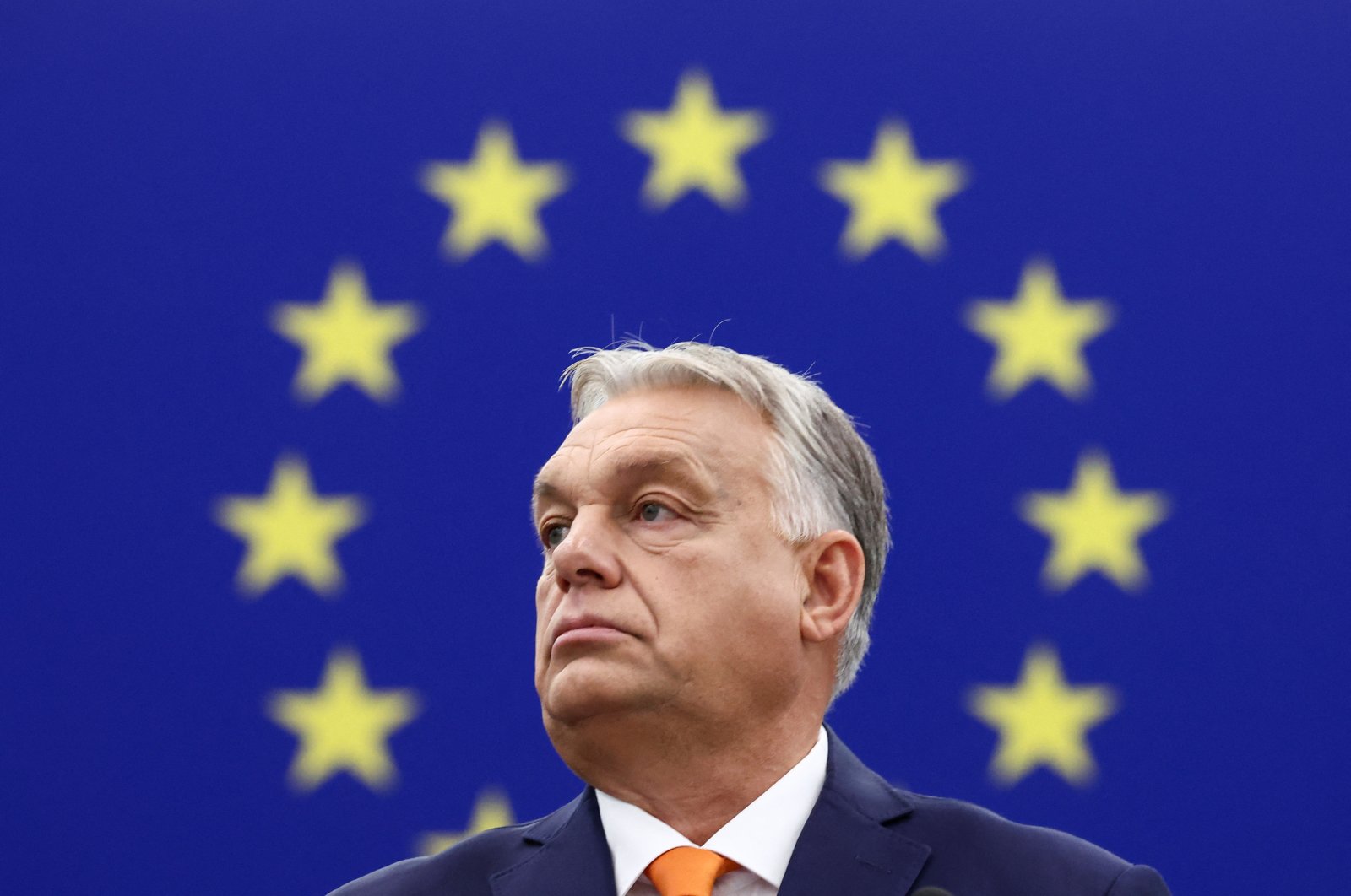 Hungary&#039;s Prime Minister Viktor Orban looks on in front of the EU flag as he gives a speech to the European Parliament, Strasbourg, France, Oct. 9, 2024. (Reuters Photo)