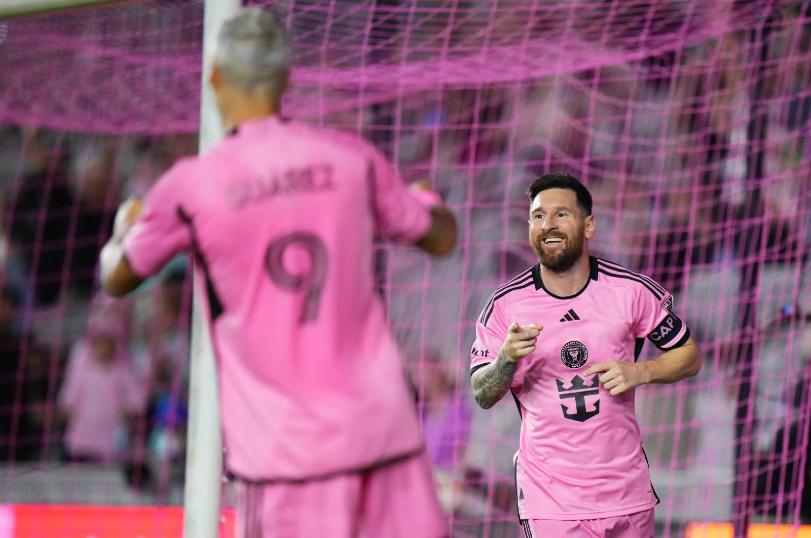 Inter Miami forward Lionel Messi (R) celebrates scoring a goal against New England Revolution, Fort Lauderdale, Florida, U.S., Oct 19, 2024. (Reuters Photo)