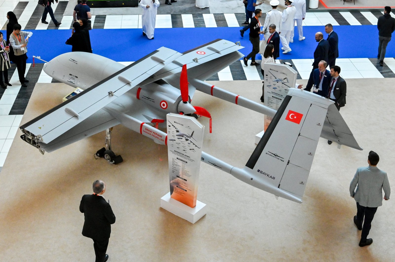 A Bayraktar TB3 UCAV is exhibited at the UMEX 2024 International Unmanned Systems Exhibition and Conference, Abu Dhabi, UAE, Jan. 23, 2024. (AA Photo)