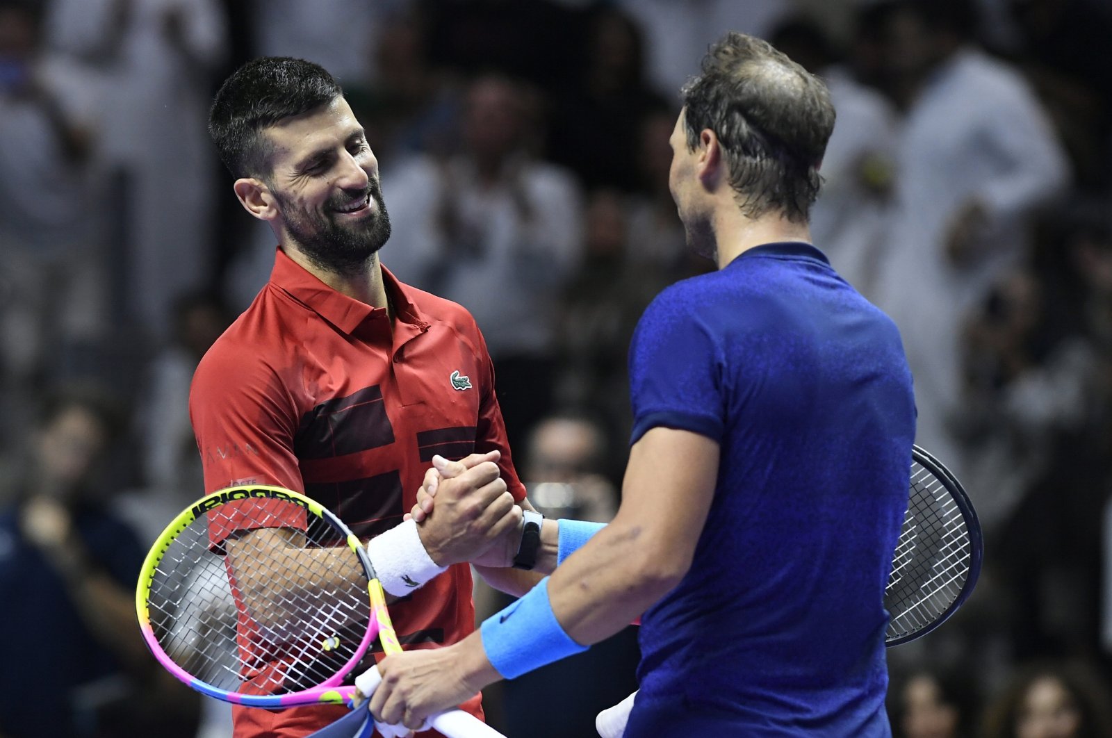 Novak Djokovic (L) reacts with Rafel Nadal after their third-place match at the Six Kings Slam exhibition tennis tournament in Riyadh, Saudi Arabia, Oct. 19, 2024. (EPA Photo)