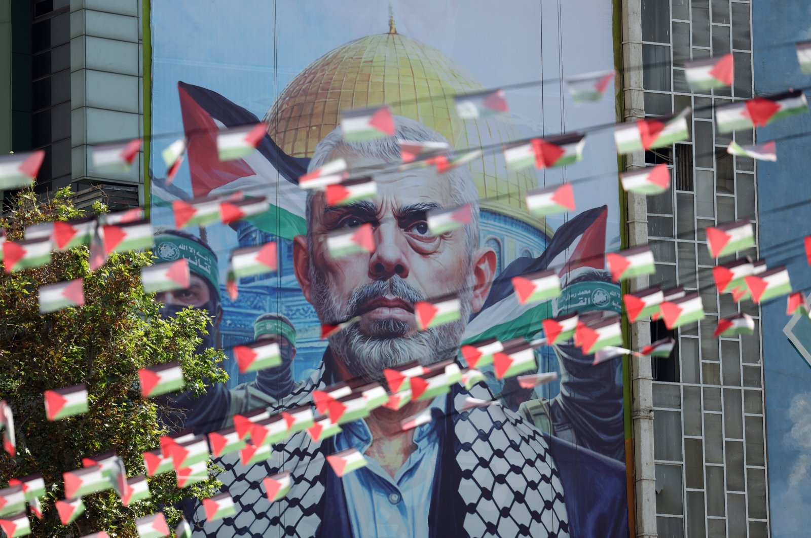 A billboard of Hamas&#039; slain leader Yahya Sinwar is displayed at the Palestine square in Tehran, Iran, Oct. 19, 2024. (EPA Photo)