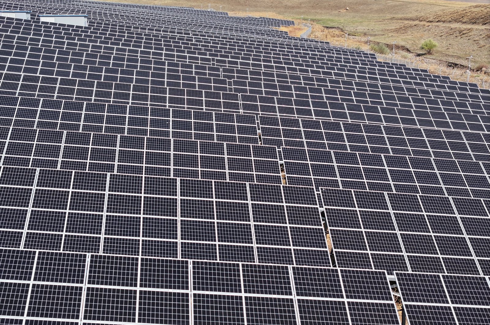 An aerial view of solar panels installed in the eastern province of Erzurum, Türkiye, Oct. 18, 2024. (AA Photo)