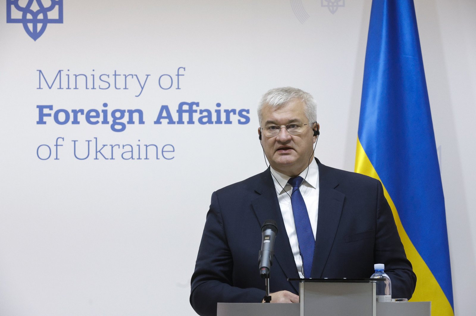 Ukrainian Foreign Minister Andrii Sybiha addresses a joint news conference with French Minister for Europe and Foreign Affairs Jean-Noel Barrot (not pictured) after their meeting in Kyiv, Ukraine, Oct. 19, 2024. (EPA Photo)