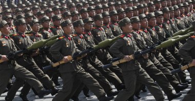North Korean soldiers march during a mass military parade in Pyongyang, North Korea, April 15, 2012. (AP Photo)