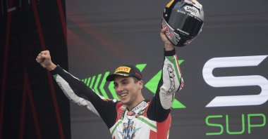 MV Augusta Reparto Corse Turkish rider Bahattin Sofuoğlu on the podium during the SuperSport Race 2 during the 2023 MOTUL FIM Superbike World Championship - Prosecco DOC Catalunya Round, Barcelona, Spain, May 7, 2023. (Getty Images Photo)