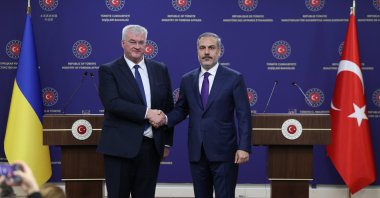 Foreign Minister Hakan Fidan (R) and Ukrainian Foreign Minister Andrii Sybiha shake hands after their news conference, Ankara, Türkiye, Oct. 21, 2024. (AA Photo)