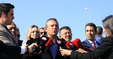 CHP Chairman Özgür Özel speaks to reporters after visiting HDP co-Chair Selahattin Demirtaş in Edirne, Oct. 21, 2024. (AA Photo)