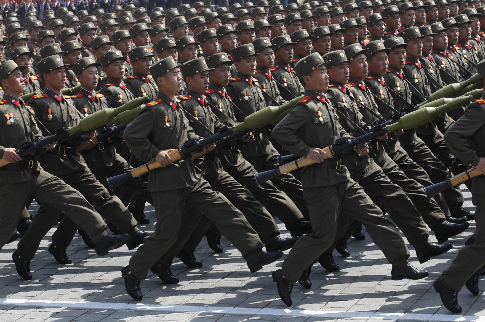 North Korean soldiers march during a mass military parade in Pyongyang, North Korea, April 15, 2012. (AP Photo)