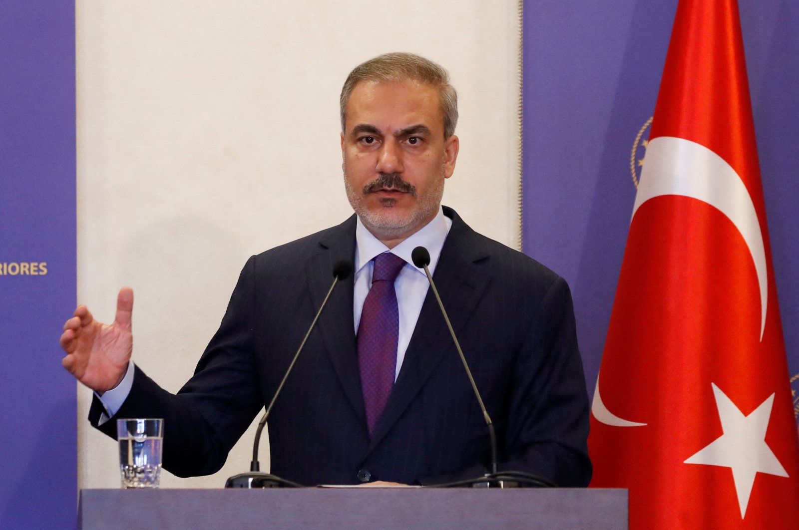 Foreign Minister Hakan Fidan speaks during a joint news conference with Iranian Foreign Minister Abbas Araqchi (not pictured), Istanbul, Türkiye, Oct. 19, 2024. (Reuters Photo)