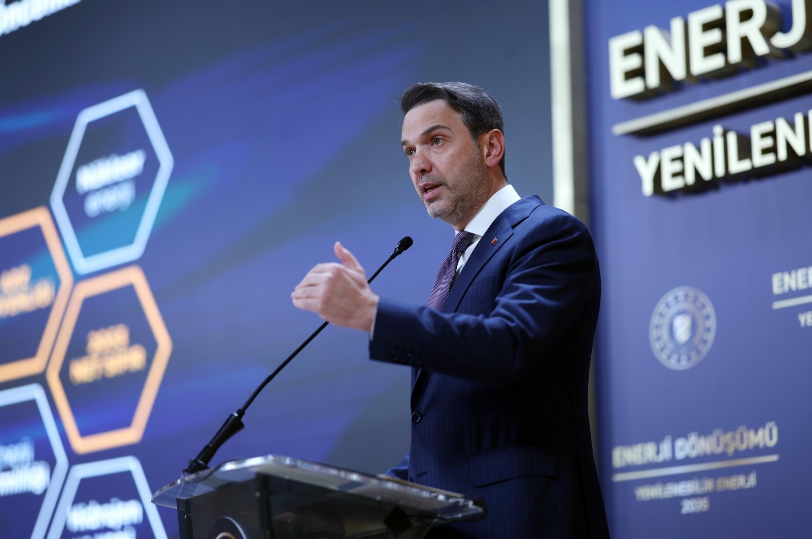 Energy and Natural Resources Minister Alparslan Bayraktar delivers a speech at the Energy Transition-Renewable Energy 2035 meeting, Istanbul, Türkiye, Oct. 21, 2024. (AA Photo)