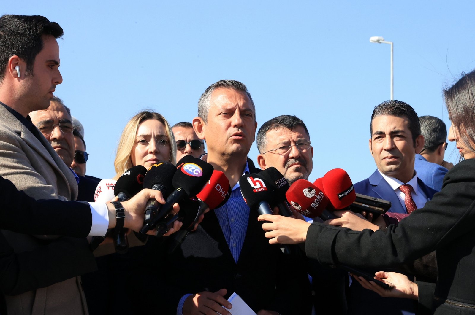 CHP Chairman Özgür Özel speaks to reporters after visiting HDP co-Chair Selahattin Demirtaş in Edirne, Oct. 21, 2024. (AA Photo)