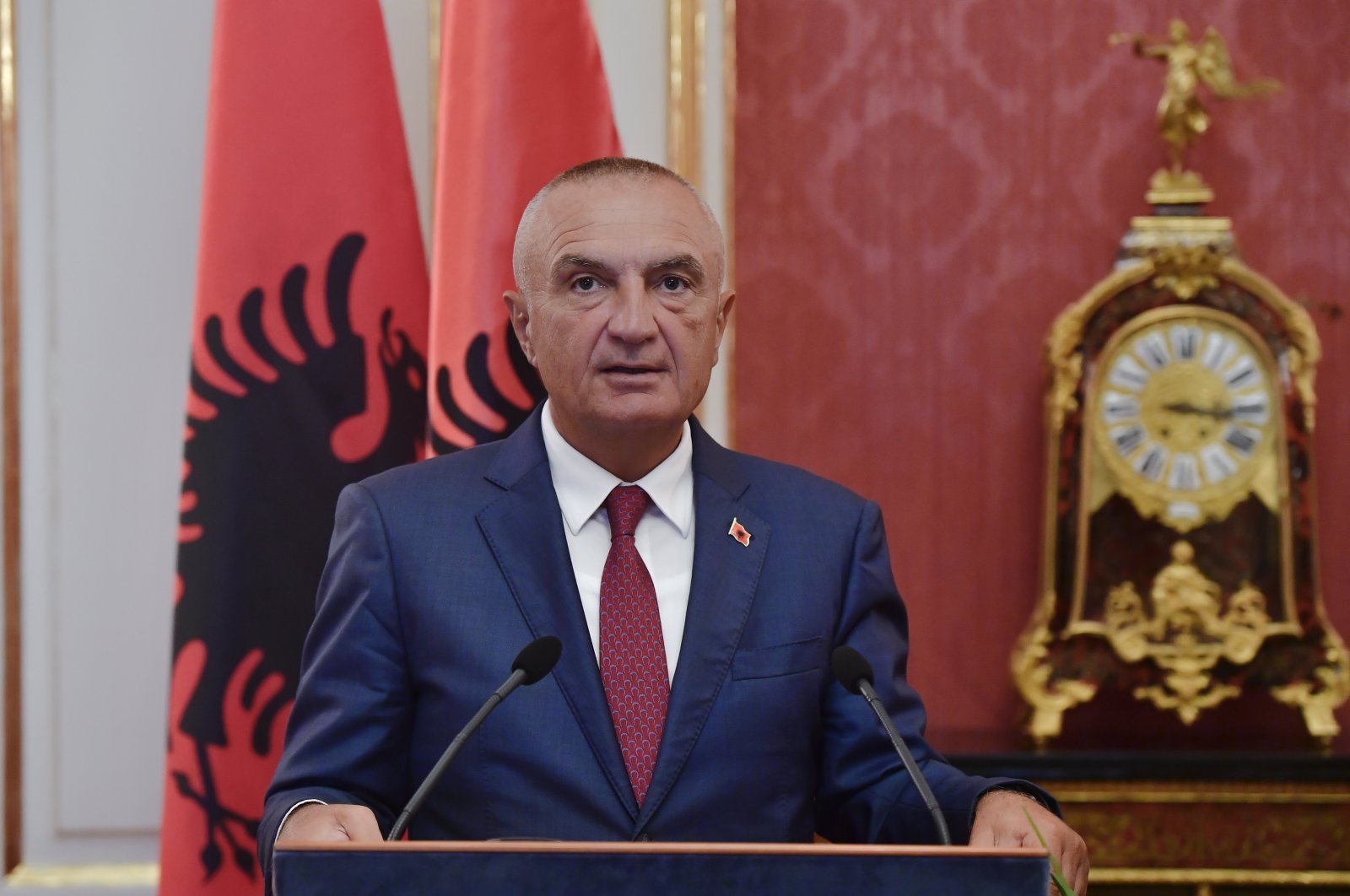 Albanian President Ilir Meta holds a press conference after a meeting with Hungarian President Janos Ader in the presidential Alexander Palace in Budapest, Hungary, July 5, 2021. (EPA File Photo)