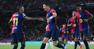 Barcelona's Robert Lewandowski (C) celebrates his team's first goal during the UEFA Champions League 2024/25 League Phase MD2 match against Young Boys at Estadi Olimpic Lluis Companys, Barcelona, Spain, Oct. 1, 2024. (Getty Images Photo)