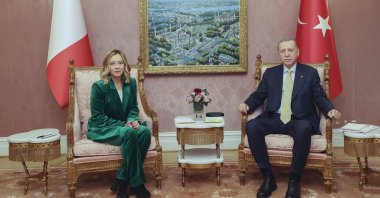 President Recep Tayyip Erdoğan poses for a photo with Italian Prime Minister Giorgia Meloni during their meeting, Istanbul, Türkiye, Jan. 20, 2024. (AP File Photo)