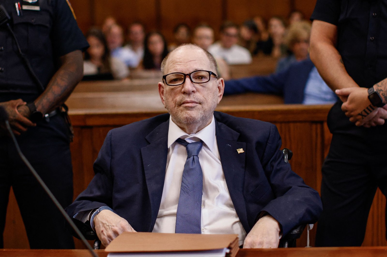 Former film producer Harvey Weinstein appears in Manhattan Criminal Court for a pretrial hearing following his overturned sex crimes conviction, New York City, U.S., July 19, 2024. (AFP Photo)