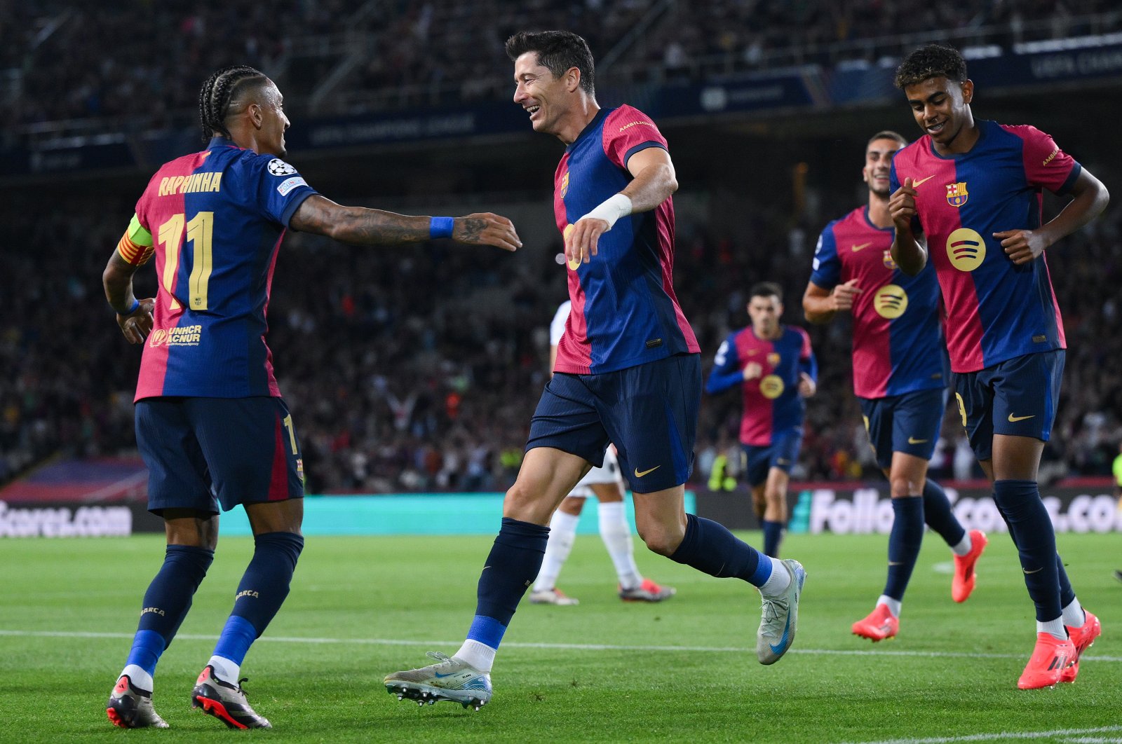 Barcelona&#039;s Robert Lewandowski (C) celebrates his team&#039;s first goal during the UEFA Champions League 2024/25 League Phase MD2 match against Young Boys at Estadi Olimpic Lluis Companys, Barcelona, Spain, Oct. 1, 2024. (Getty Images Photo)