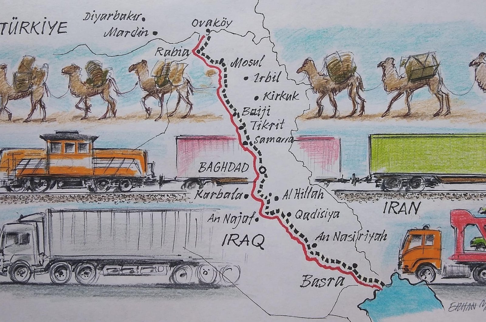 &quot;For Türkiye, the Development Road offers more than just a strategic trade route – it’s a potential economic catalyst.&quot; (Illustration by Erhan Yalvaç)