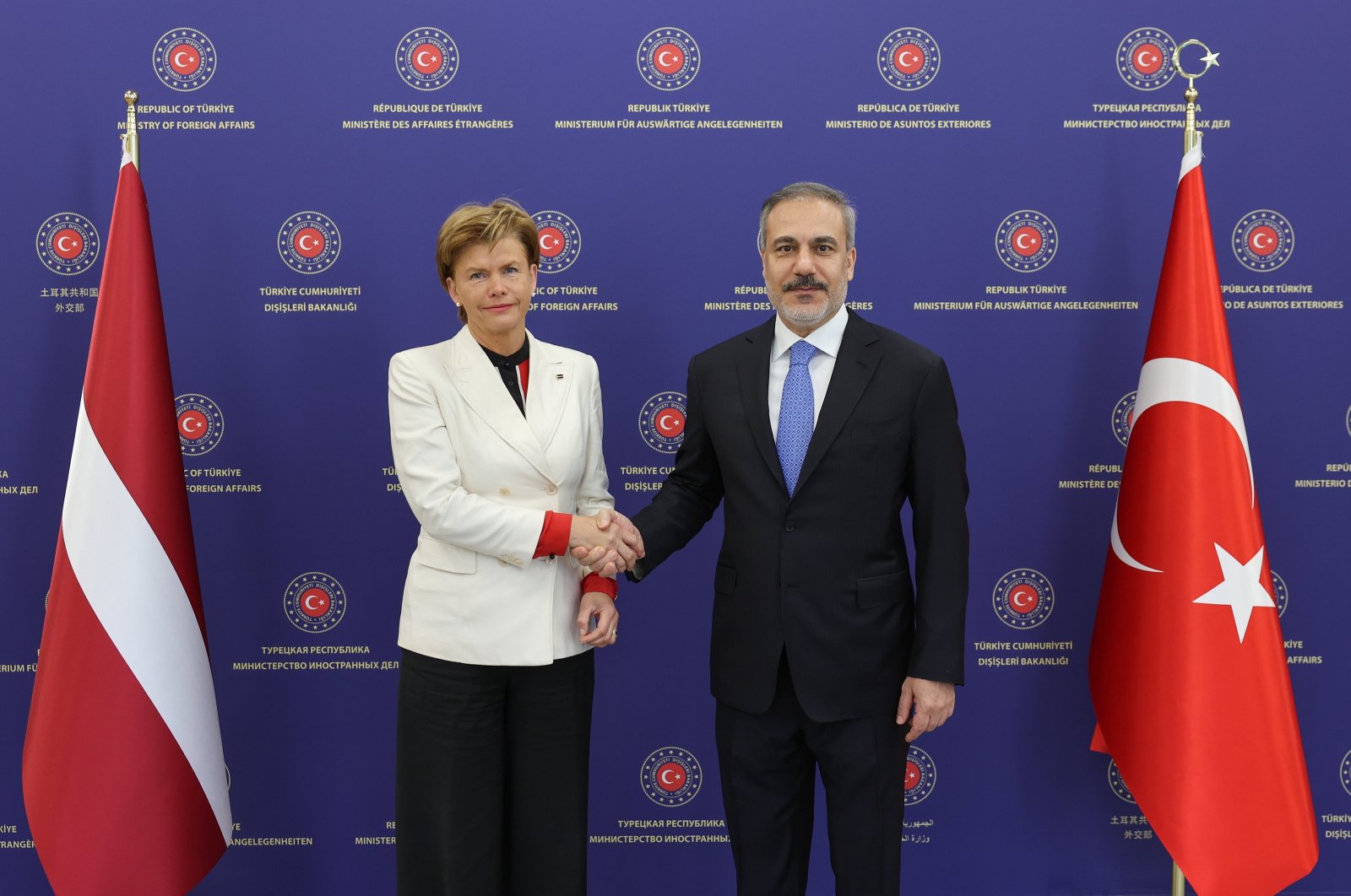 Foreign Minister Hakan Fidan (R) and his Latvian counterpart Baiba Braze meet at the Foreign Ministry, Ankara, Türkiye, Oct. 22, 2024. (AA Photo)