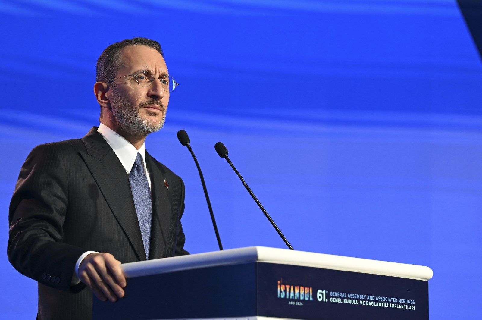 Communications Director Fahrettin Altun speaks at the opening of the 61st General Assembly of the Asia-Pacific Broadcasting Union (ABU), Istanbul, Türkiye, Oct. 22, 2024. (AA Photo)