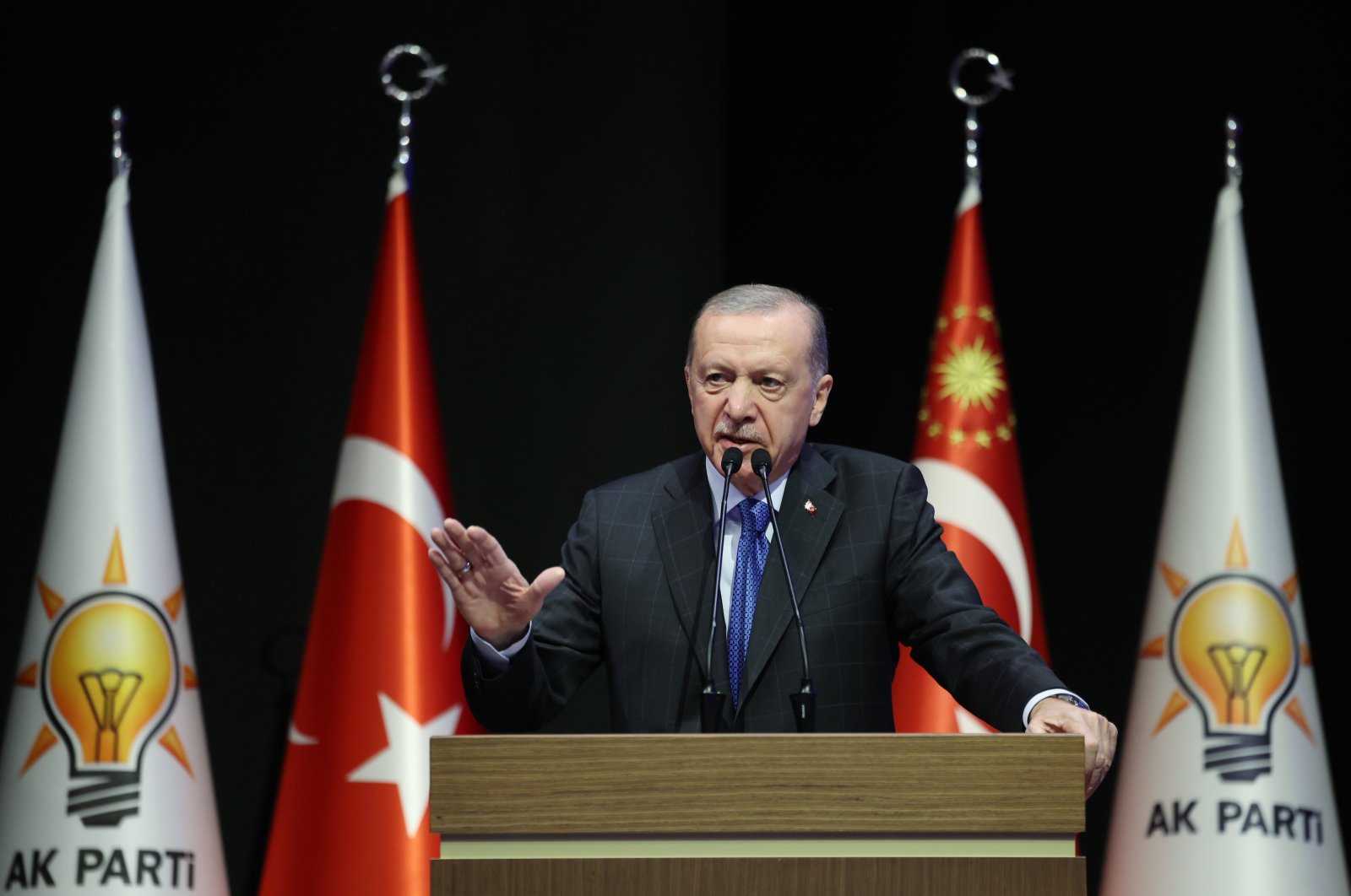 President Recep Tayyip Erdoğan addresses Justice and Development Party (AK Party) provincial chairs, Ankara, Türkiye, Oct. 22, 2024. (AA Photo)