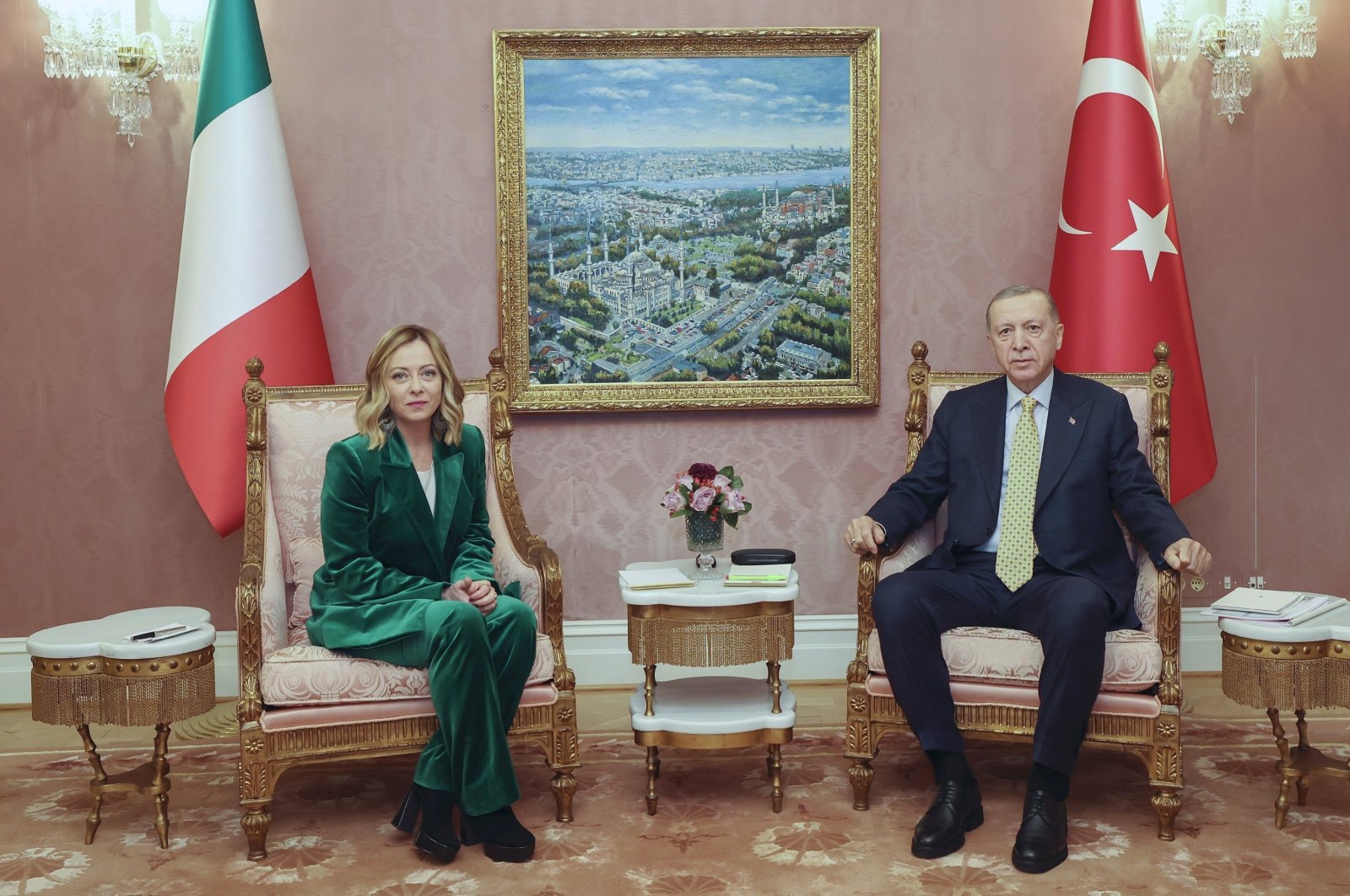 President Recep Tayyip Erdoğan poses for a photo with Italian Prime Minister Giorgia Meloni during their meeting, Istanbul, Türkiye, Jan. 20, 2024. (AP File Photo)