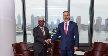 Foreign Minister Hakan Fidan hosts Somali Minister of Foreign Affairs and International Cooperation Ahmed Muallim Fiqi at the Turkevi, New York, U.S. Sept. 27., 2024. (DHA Photo)