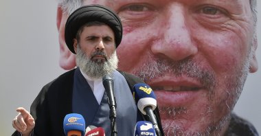 Head of Hezbollah&#039;s Executive Council Sayyed Hashem Safieddine, speaks during the funeral of late Hezbollah senior commander Taleb Sami Abdallah in Beirut, Lebanon, June 12, 2024. (EPA Photo)