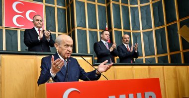 MHP leader Devlet Bahçeli speaks at the parliamentary group meeting of his party, where he made the historic call, Ankara, Türkiye, Oct. 22, 2024. (AA Photo)