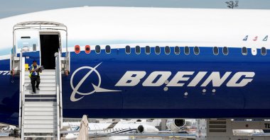 A Boeing logo is seen on a 777-9 aircraft on display during the 54th International Paris Airshow at Le Bourget Airport, Paris, France, June 18, 2023. (Reuters Photo)