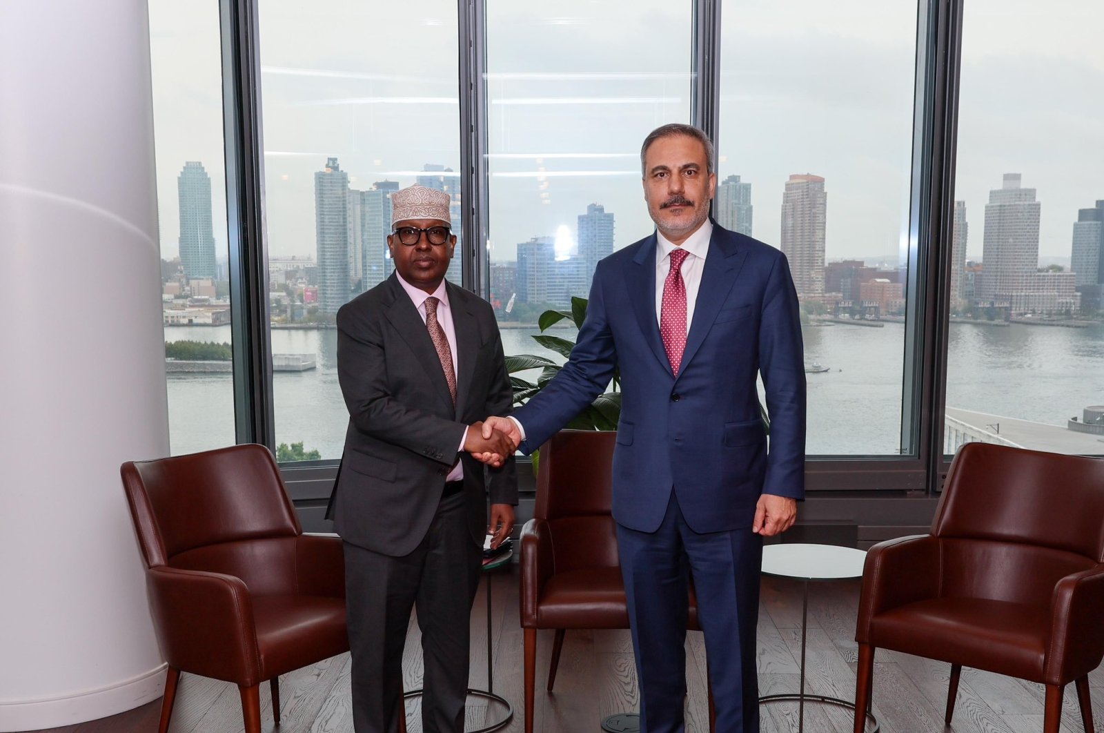 Foreign Minister Hakan Fidan hosts Somali Minister of Foreign Affairs and International Cooperation Ahmed Muallim Fiqi at the Turkevi, New York, U.S. Sept. 27., 2024. (DHA Photo)