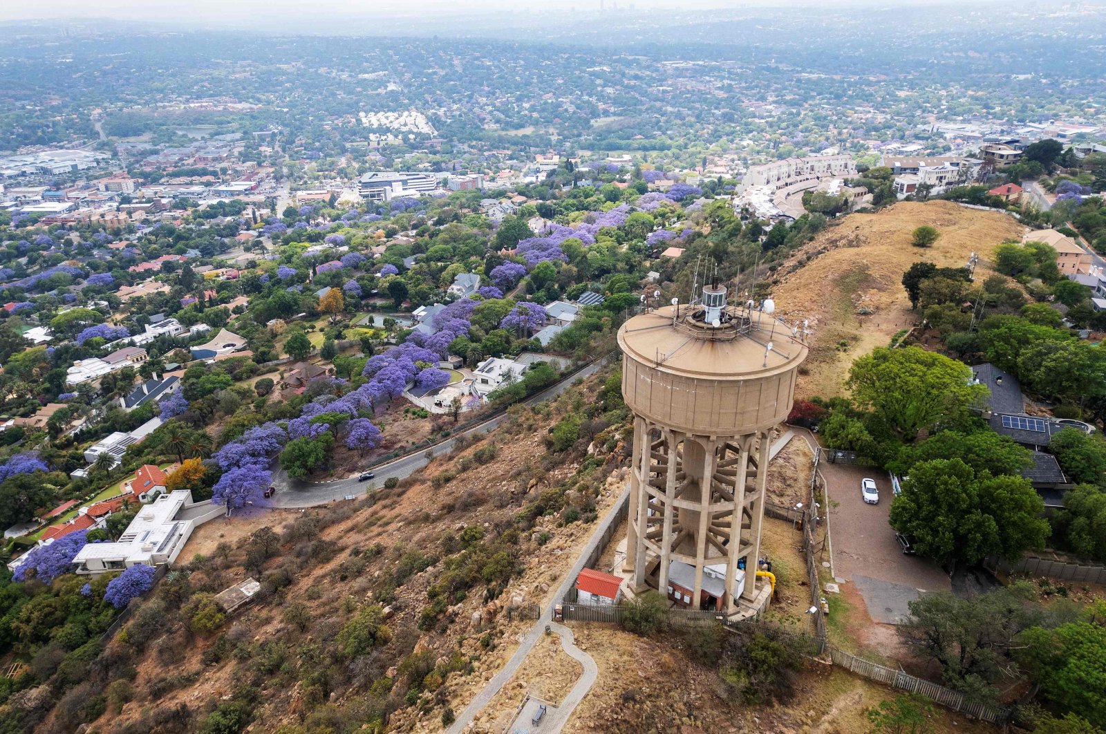 A general view of the water tower in Northcliff&#039;s Eco Park situated some 10 kilometers northwest of Johannesburg, South Africa, Oct. 22, 2024. (AFP Photo)