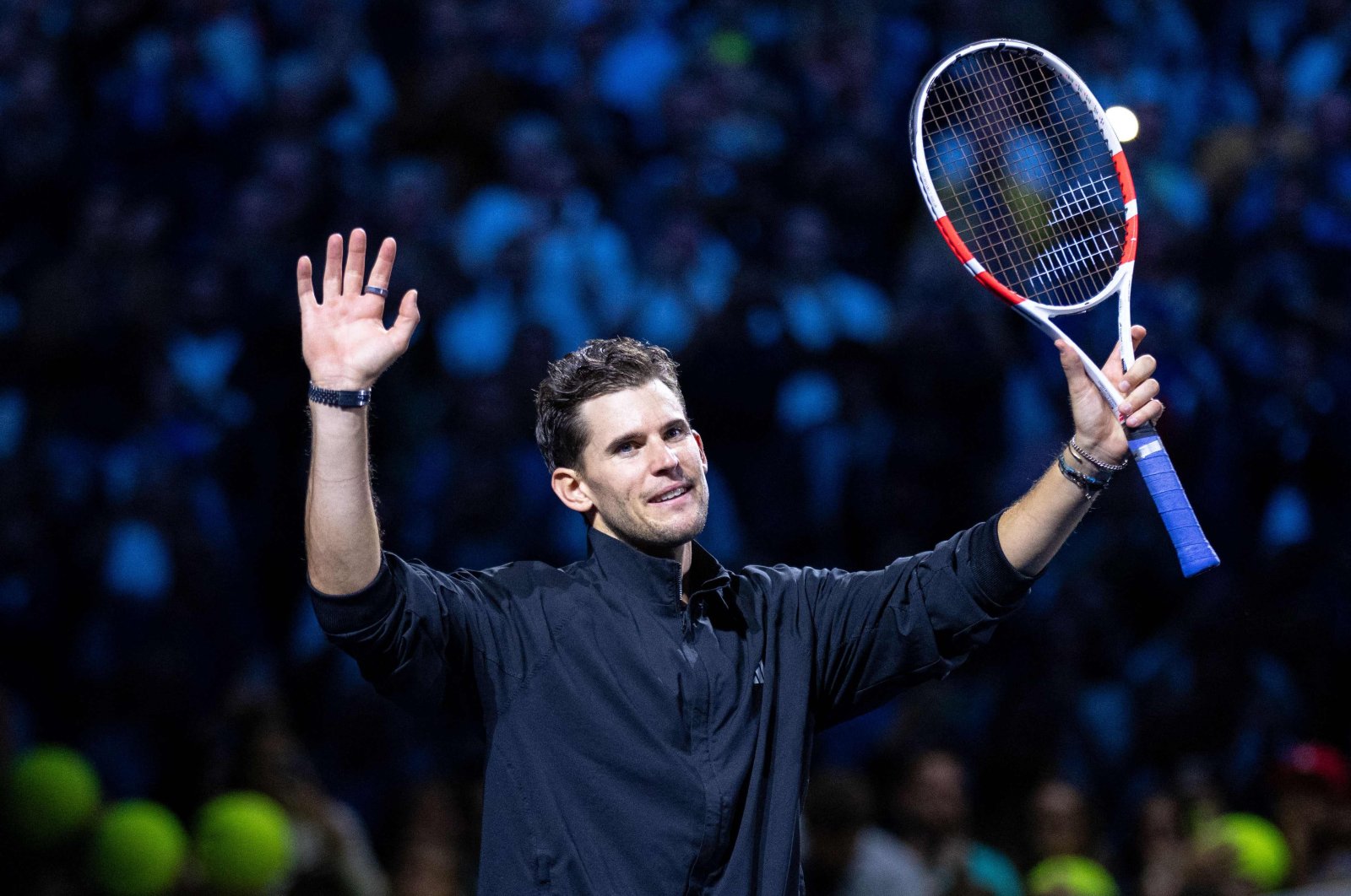 Austria&#039;s Dominic Thiem waves after playing his final match at the Vienna Open at the Stadthalle, Vienna, Austria, Oct. 22, 2024. (AFP Photo)