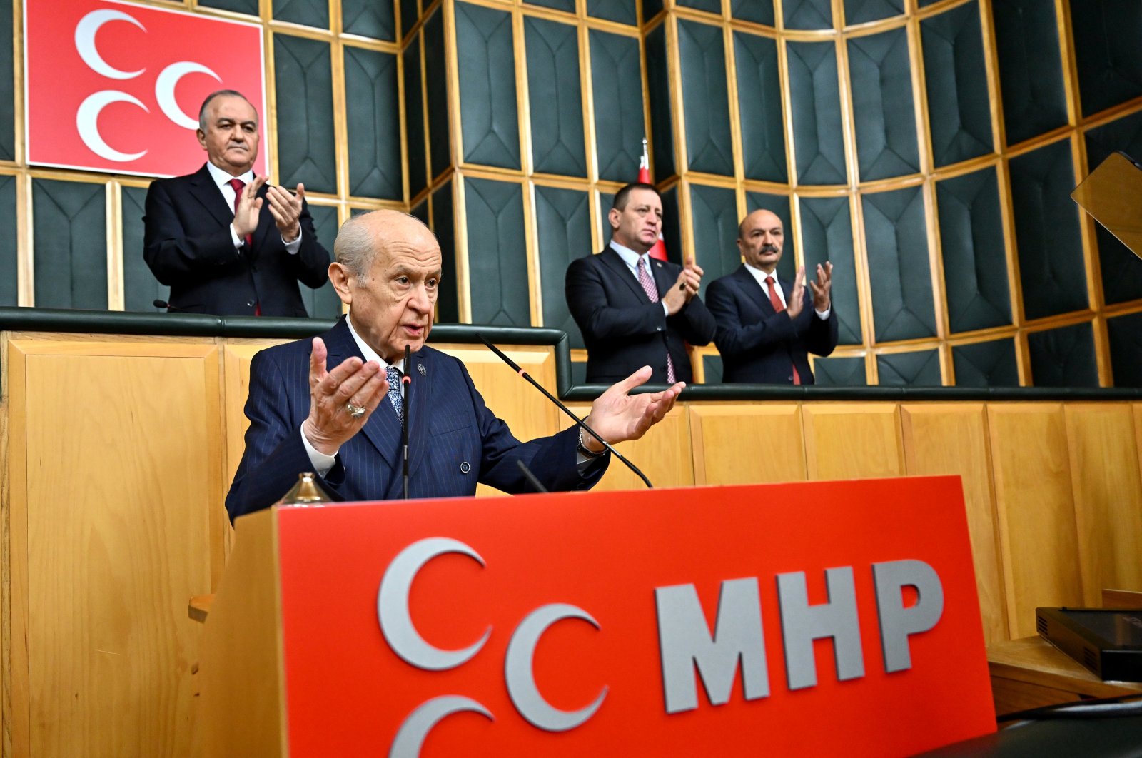 MHP leader Devlet Bahçeli speaks at the parliamentary group meeting of his party, where he made the historic call, Ankara, Türkiye, Oct. 22, 2024. (AA Photo)