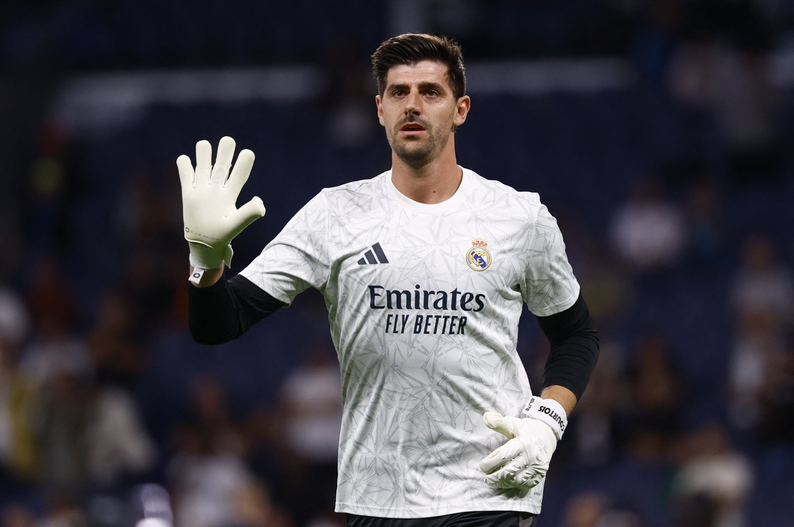 Real Madrid&#039;s Thibaut Courtois during the warm-up before the Champions League match against Borussia Dortmund at the Santiago Bernabeu, Madrid, Spain, Oct. 22, 2024. (Reuters Photo)