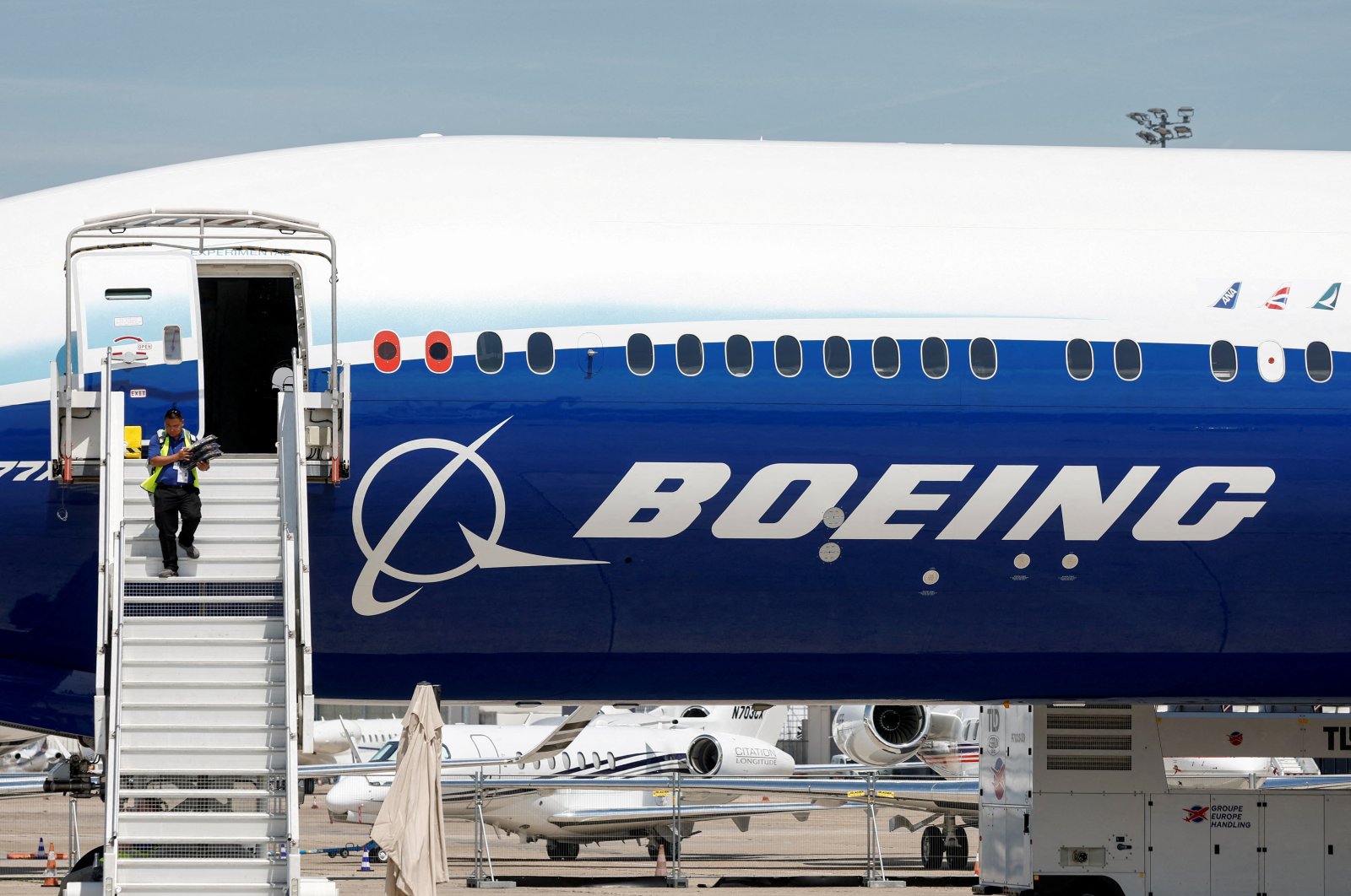 A Boeing logo is seen on a 777-9 aircraft on display during the 54th International Paris Airshow at Le Bourget Airport, Paris, France, June 18, 2023. (Reuters Photo)