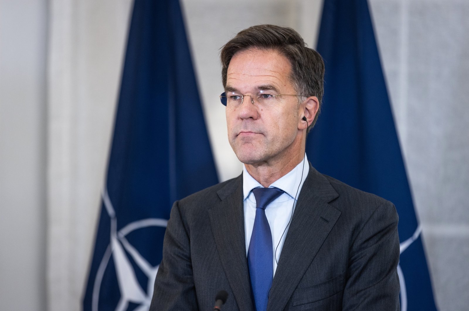  A handout photo made available by the Estonian Government Communication Unit shows NATO Secretary General Mark Rutte reacting during a press conference after his meeting with Estonian Prime Minister Kristen Michal in Tallinn, Estonia, Oct. 22, 2024. (EPA Photo)