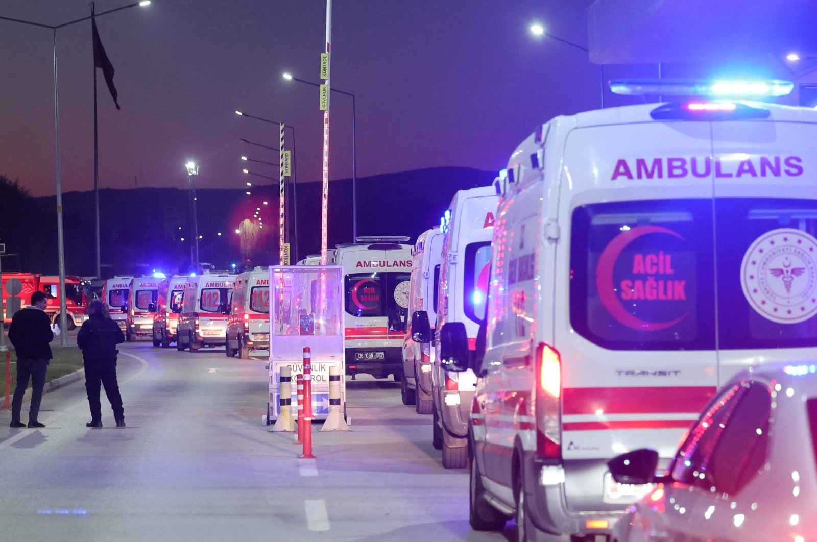 Ambulances line up at the entrance of the headquarters of Türkiye&#039;s aviation company TAI, which was targeted in a terrorist attack near Kahramankazan district in Ankara, Oct. 23, 2024. (Reuters Photo)