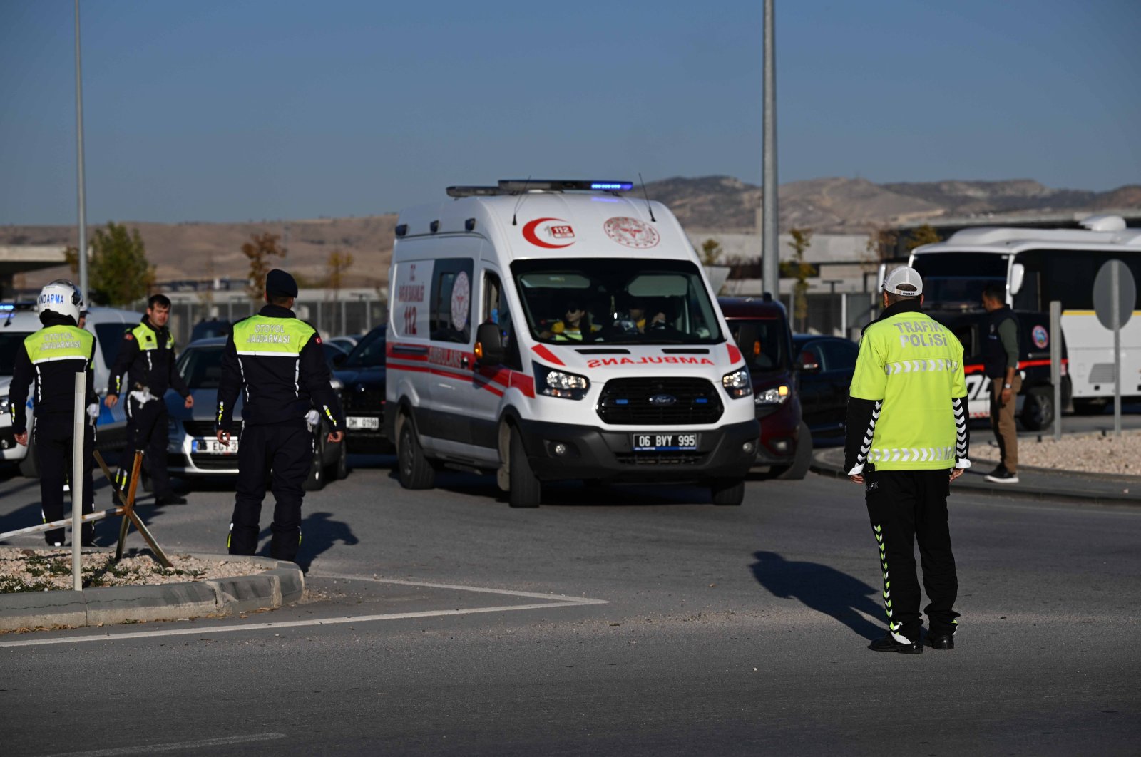 An ambulance is seen near the TAI facility in Ankara, Oct. 23, 2024. (AA Photo)