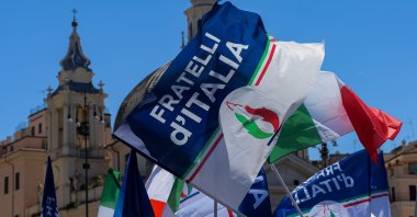 A flag of the Fratelli d'Italia party is seen during an event in Rome, Italy. (Getty Images)
